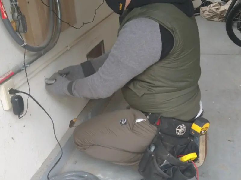 Electrician performing outlet wiring in a Mono Vista garage